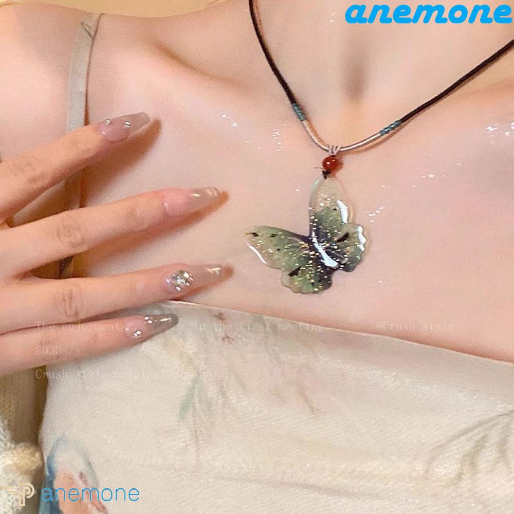 Vòng Cổ Choker Dây Thừng Xỏ Hạt Acrylic Mặt Bướm Xanh Dương Cổ Điển Cho Nữ