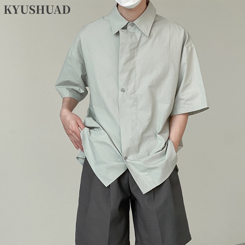 Áo sơ mi KYUSHUAD tay ngắn dáng rộng cổ gập đơn giản hợp thời trang