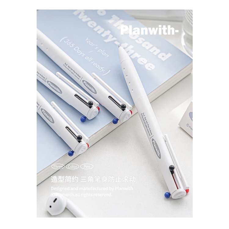 Gel pen, writing, planwith tam giác multicolor pen three-in-one multi-function press pen 0.5mm japan import ink, non-penetrating, one stroke three colors, anti-slip pen holder, removable, đi kèm với pen holder