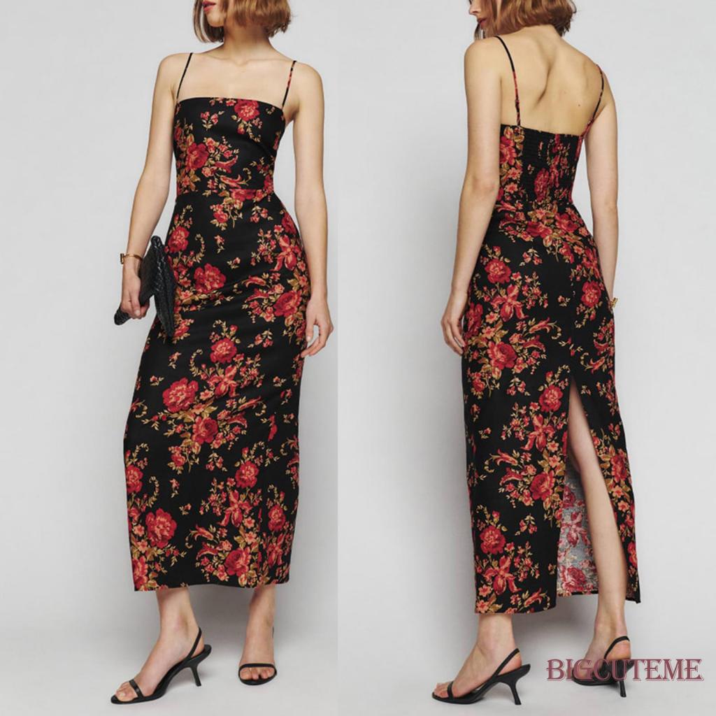 Đầm Dài Không Tay Hở Lưng Xẻ Tà Họa Tiết Hoa Thời Trang Mùa Hè Cho Nữ