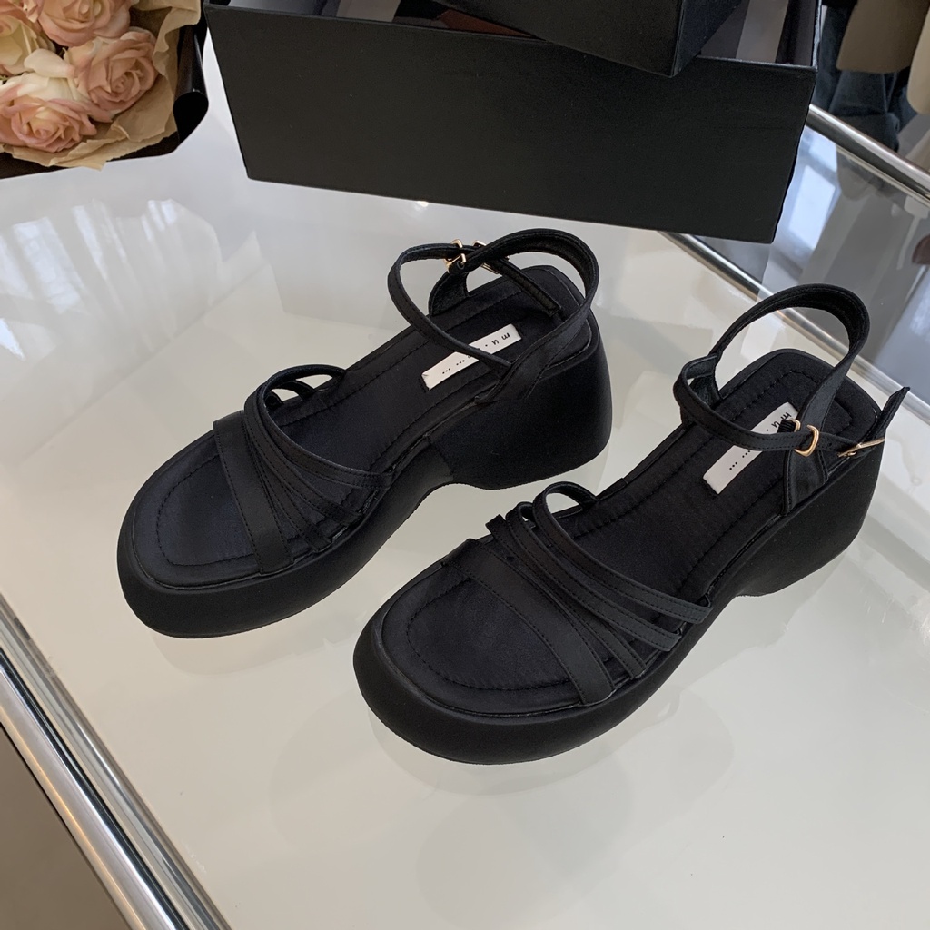 Sandal Cao Gót Đế Xuồng Dày Quai Denim Màu Xanh Dương Thời Trang Mùa Hè Hàng Mới 2023