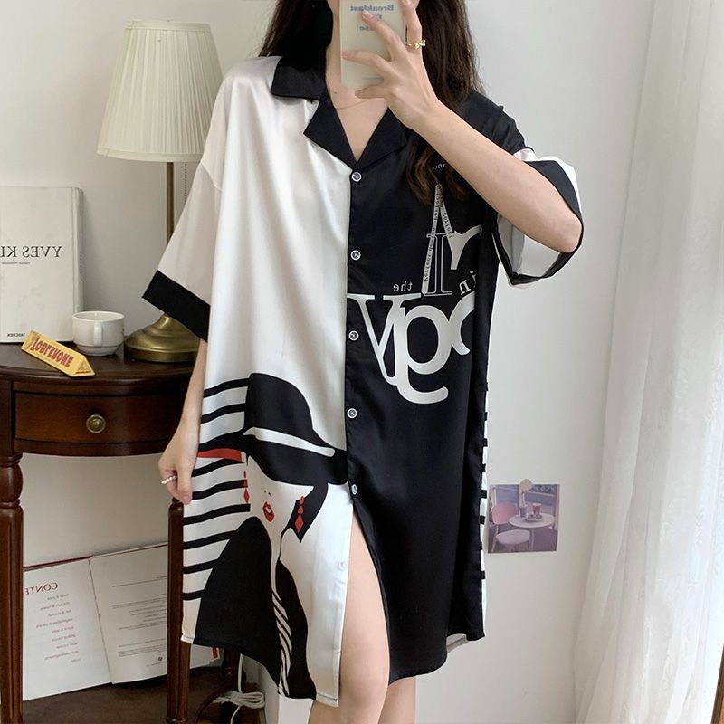 Đầm Ngủ Lụa Tay Ngắn Dáng Rộng Màu Sắc Tương Phản Thời Trang Mùa Hè Cho Nữ Có Size Lớn