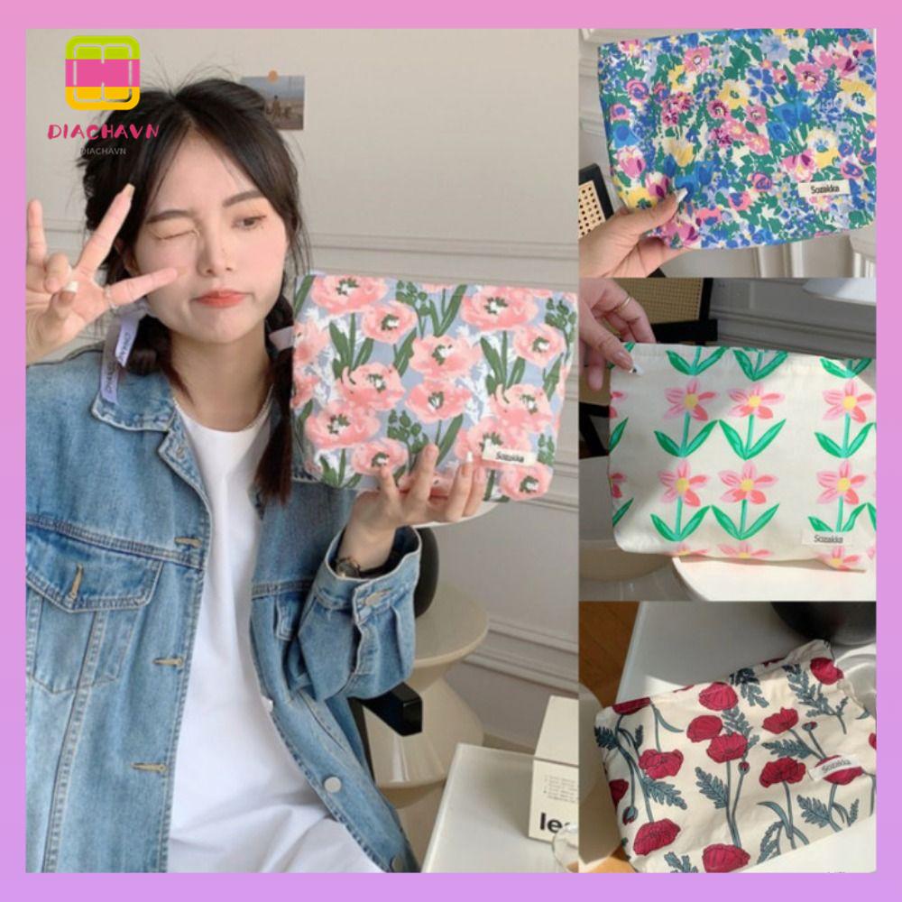 DIACHAVN Túi Đựng Đồ Trang Điểm Bằng Cotton Có Khóa Kéo Họa Tiết Hoa Xinh Xắn