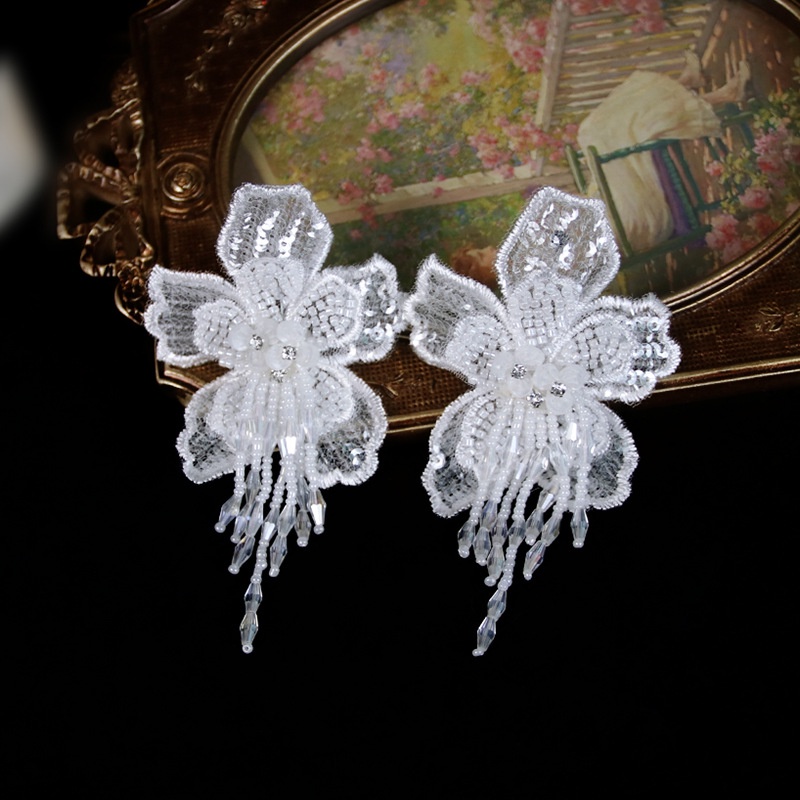 1 Cặp Bông Tai Hoa Satin Đính Ngọc Trai Cao Cấp Phong Cách Pháp Cho Cô Dâu