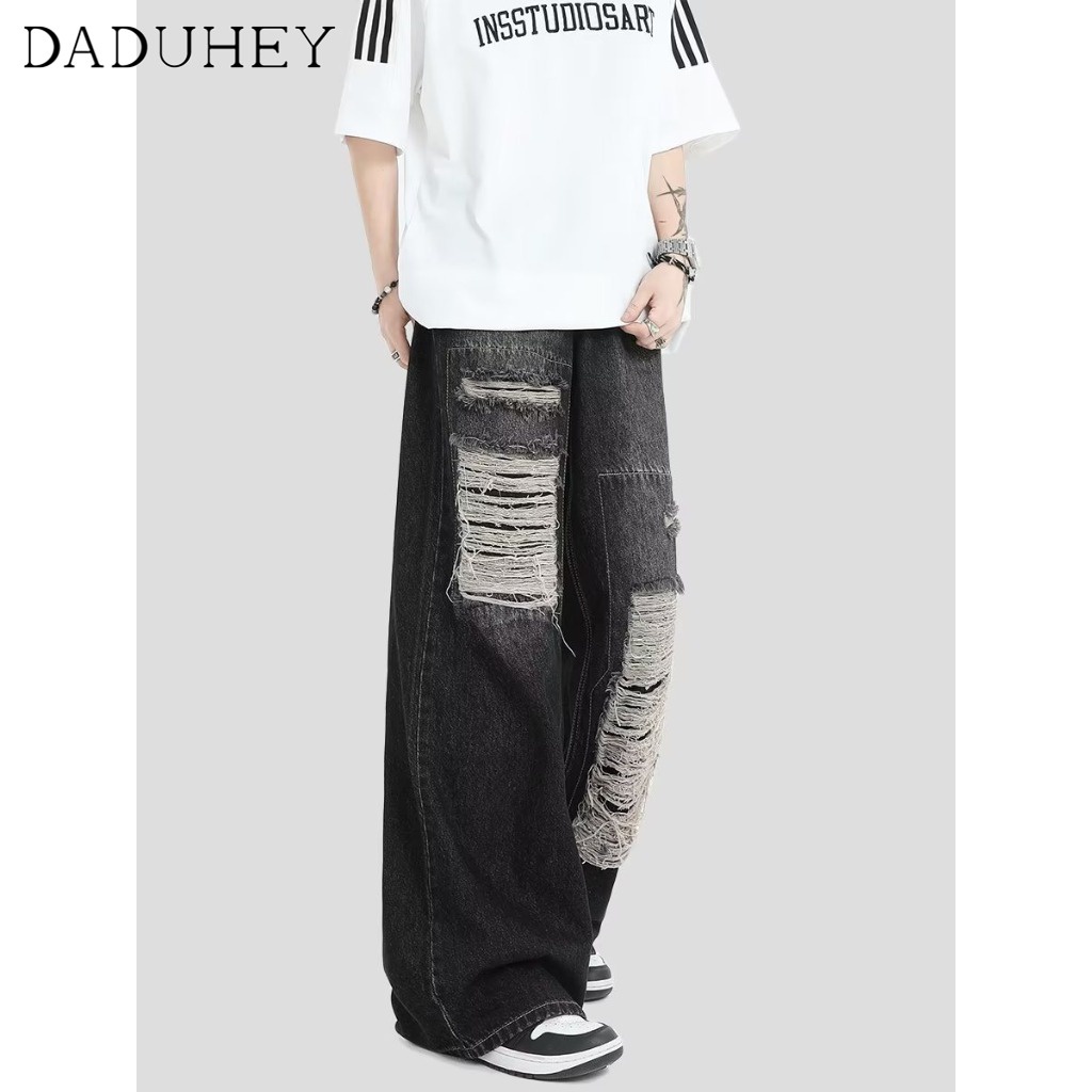 Quần jean DaDuHey lưng cao ống rộng phối rách thời trang cá tính cho nữ