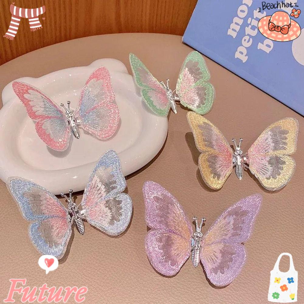 FUTURE Kẹp Tóc Hai Lớp Thêu Hình Bướm Nhiều Màu Sắc Xinh Xắn Cho Bé Gái