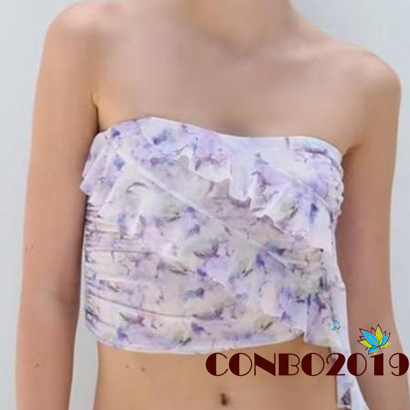 Áo Croptop Trễ Vai Nhún Bèo Họa Tiết Hoa Thời Trang Mùa Hè Cho Nữ