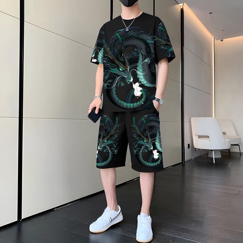 Bộ Đồ Thể Thao Tay Ngắn Dáng Rộng Cỡ Lớn Vải Lụa Mát Thoáng Khí Thoải Mái Cho Nam