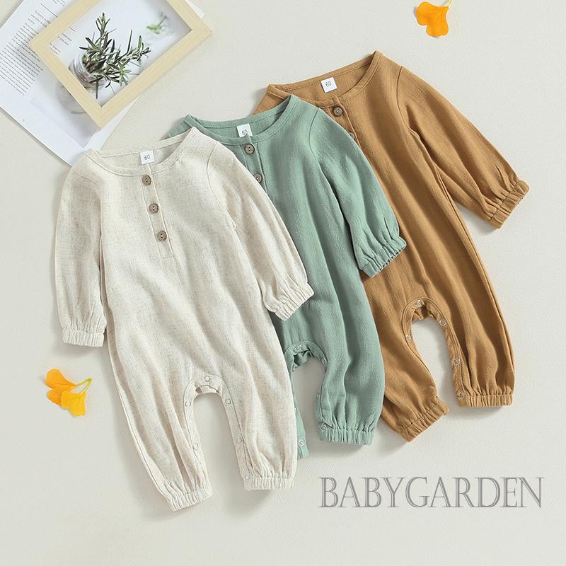 Áo Liền Quần Bằng Cotton Lanh Tay Dài Màu Sắc Dành Cho Trẻ Em 0-12 Tháng Tuổi