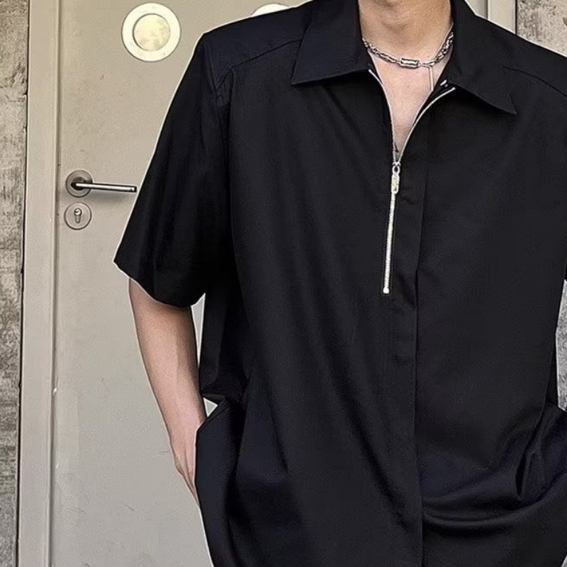 Áo Sơ Mi Tay Ngắn Dáng Rộng Màu Trơn Có Khóa Kéo Phong Cách Hàn Quốc Thời Trang Mùa Hè Hàng Mới Dành Cho Bạn Nam