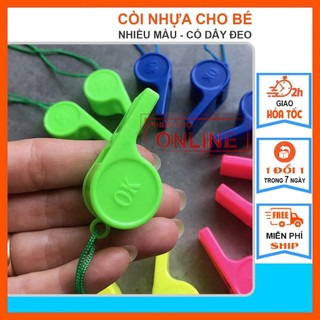 Còi thổi bằng nhựa, kèn đồ chơi cho bé có dây đeo, nhiều màu sắc