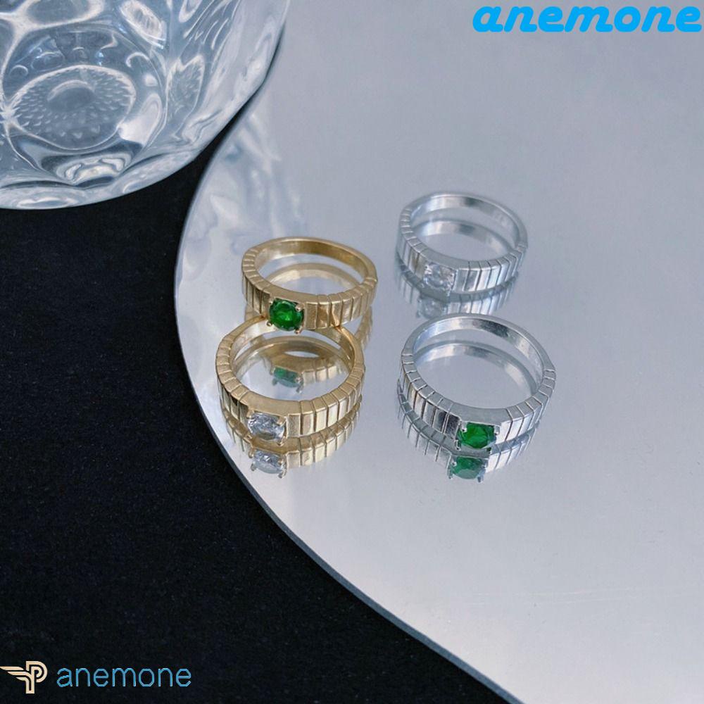 ANEMONE Nhẫn Hở Họa Tiết Sọc Xanh Lá Đính Đá Zircon Thời Trang Cổ Điển Có Thể Điều Chỉnh