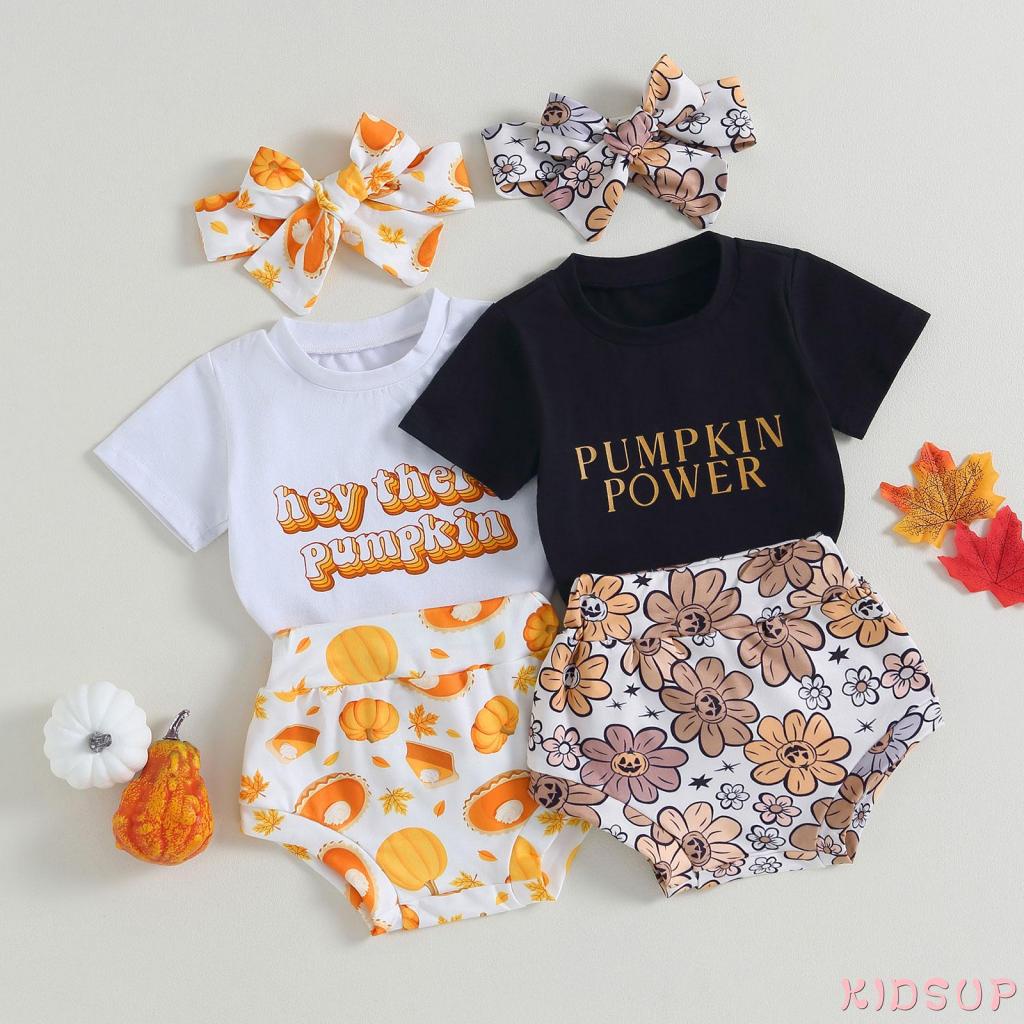 Set Áo Thun Tay Ngắn In Chữ + Quần Short In Hoa / Bí Ngô / Băng Đô Co Giãn Thời Trang Halloween Cho Bé Gái 1 Tuổi