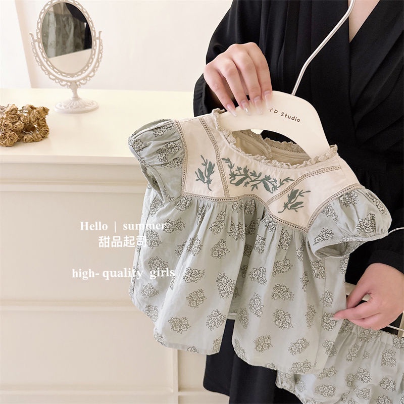 Set Đồ Mùa Hè Gồm Áo Tay Cộc Thêu Hoa Lê Dễ Thương Phong Cách Hàn Quốc Cho Bé Gái