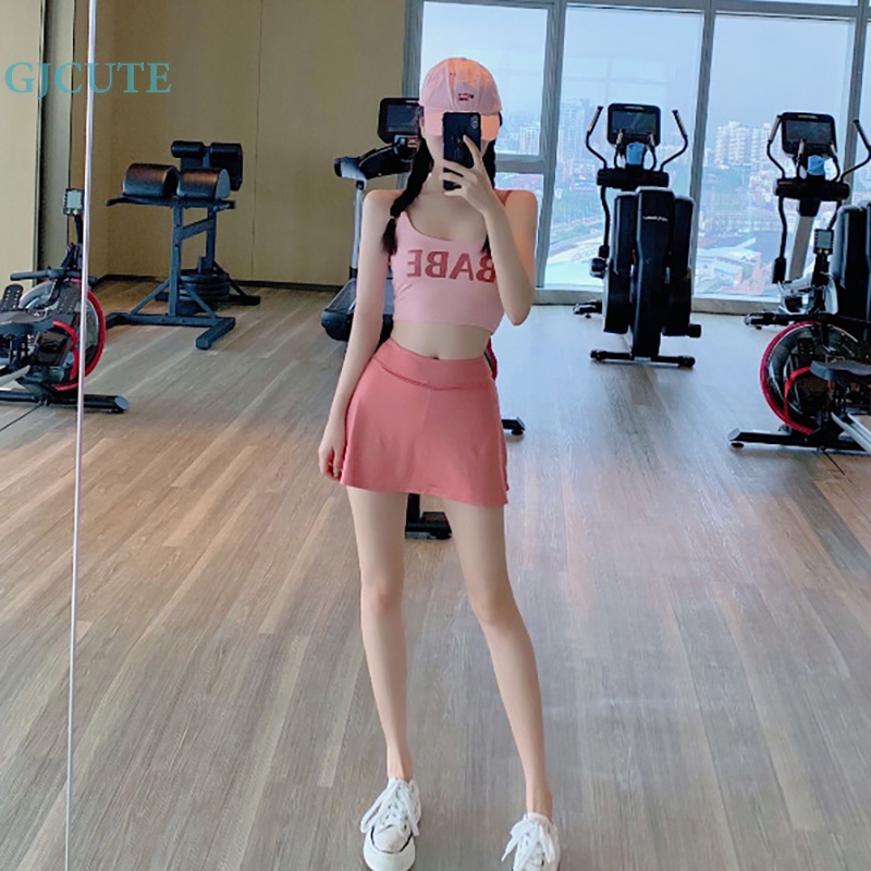 Set Áo Thun Ba Lỗ In Chữ + Chân Váy Ngắn Chống Trượt Thời Trang Nữ