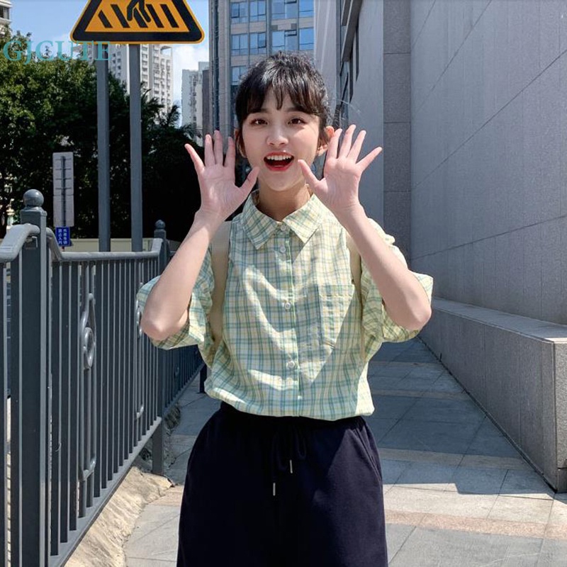 Áo Sơ Mi Ngắn Tay Họa Tiết Caro Ngọt Ngào Thời Trang Mùa Hè Cho Nữ