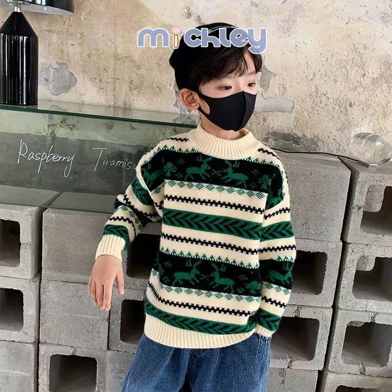 Áo sweater MICHLEY phối nhung dày phong cách Hàn Quốc thời trang thu đông cho bé trai
