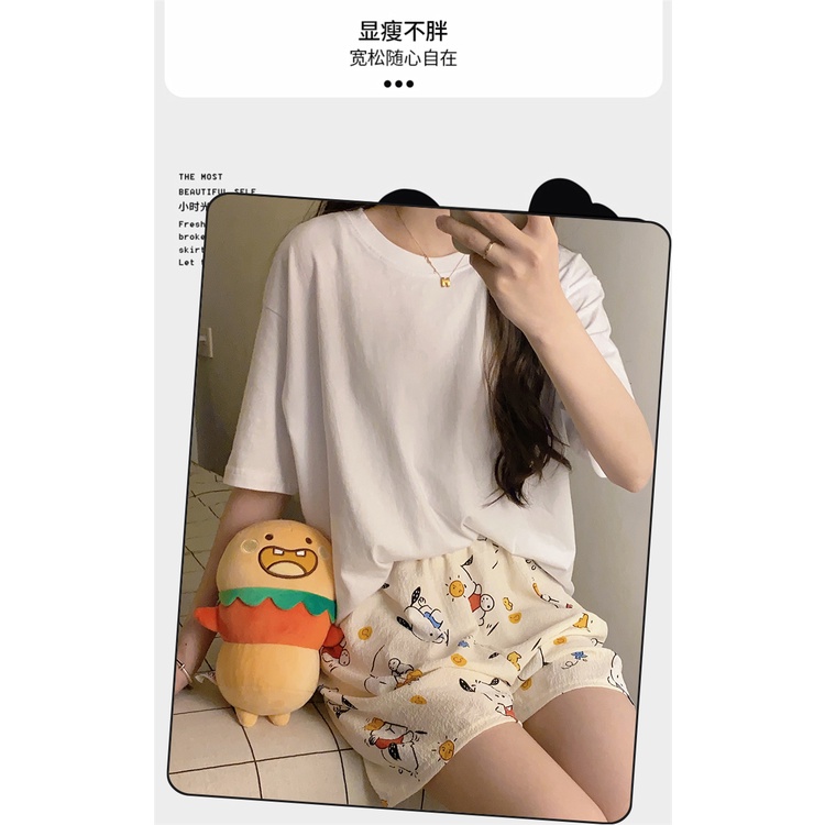[Qiaomanshi] Quần Đùi Ngủ Cotton Dệt Bong Bóng Họa Tiết Hoạt Hình Mặc Ngoài Trời Đi Bộ Cho Nữ