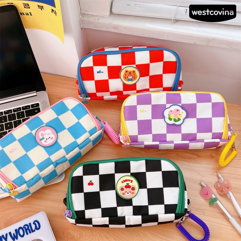 [WSTN]✎Hộp Đựng Bút Họa Tiết Kẻ Ô Dày Dặn Chống Bụi Bẩn Tiện Dụng Cho Trường Học