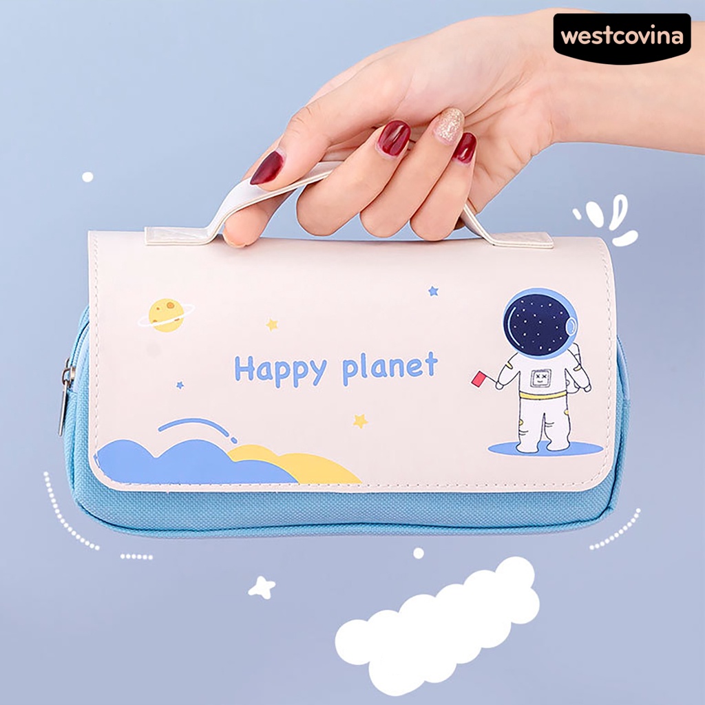 [WSTN] [WSTN]✎Túi Đựng Bút 2 Ngăn Đa Năng Bằng Vải Canvas In Hình Phi Hành Gia Xinh Xắn