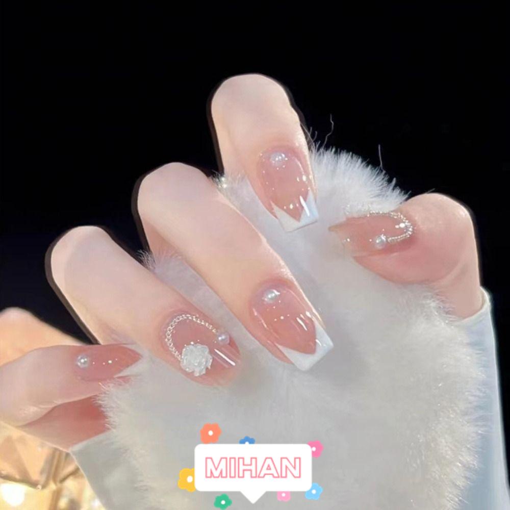 MIHAN1 Bộ 24 Móng Tay Giả Màu Hồng Xinh Xắn