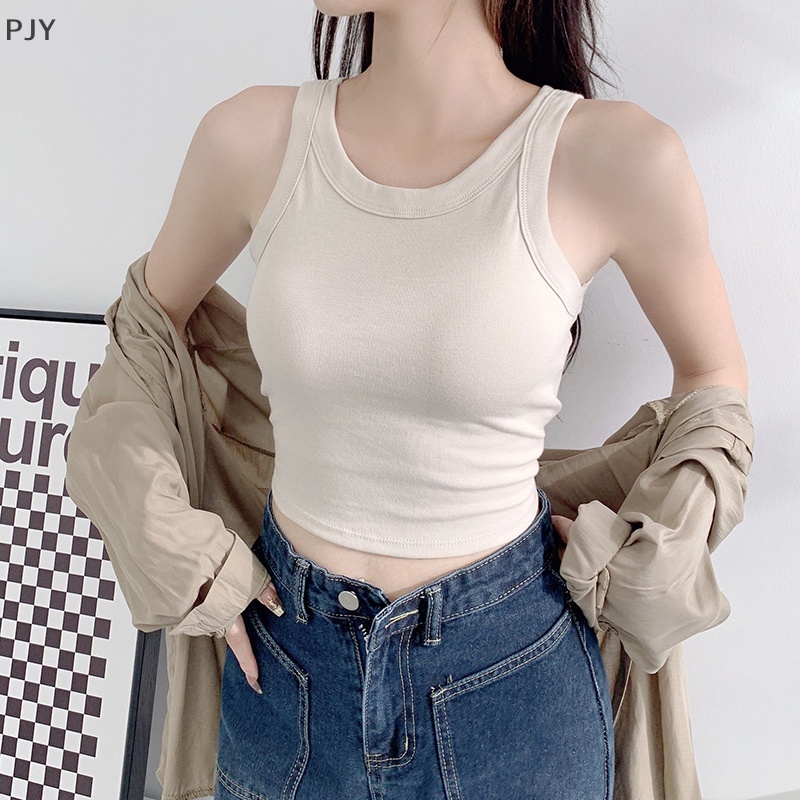 Áo PJY Áo Hai Dây Cổ Tròn Có Đệm Ngực Màu Trơn Thời Trang Mùa Hè Dành Cho Bạn Nữ