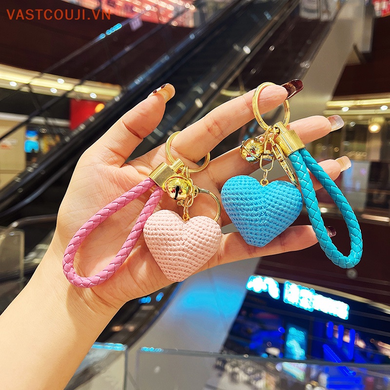 Móc Khóa Dây Da Bện Thủ Công Mặt Trái Tim Trang Trí