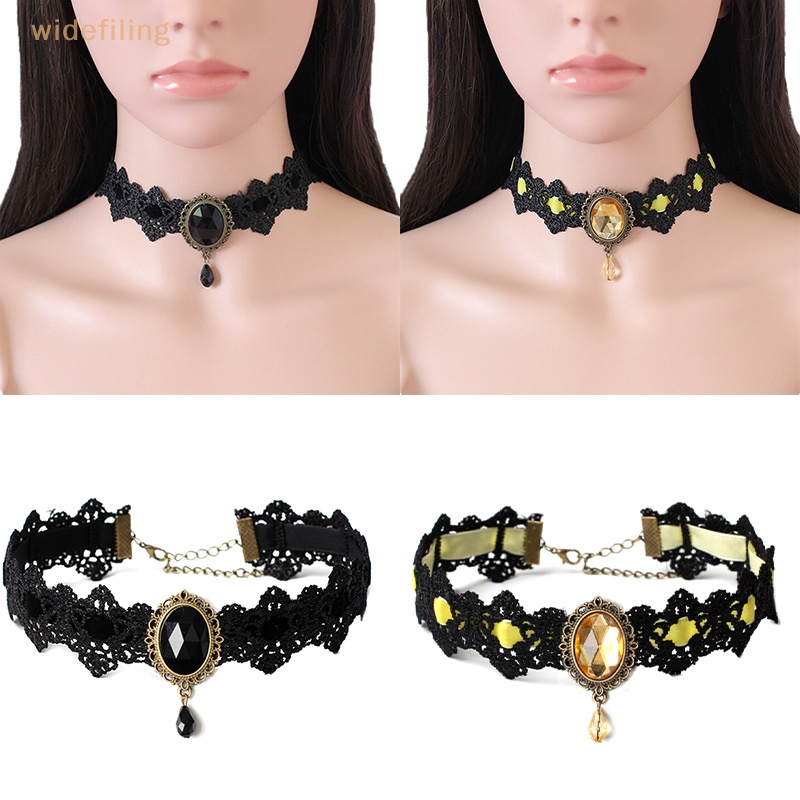 Vòng Cổ Choker Dây Nhung Đen Bản Rộng Đính Đá Pha Lê Phong Cách Gothic Cổ Điển