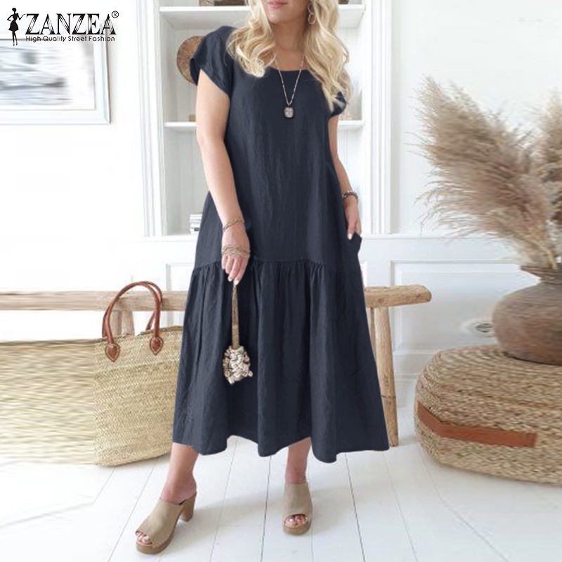 Zanzea Đầm Đuôi Cá Ngắn Tay Cổ Tròn Phong Cách Vintage Nữ Tính