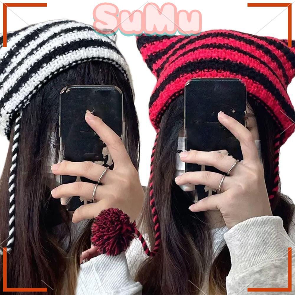 SUMU Mũ Len Beanie Đính Tai Quỷ Nhỏ Phong Cách Nhật Bản Cho Nữ