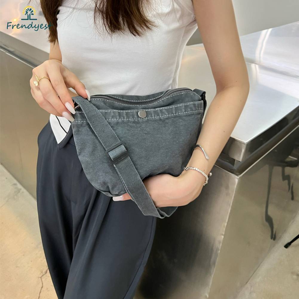 Túi Canvas Đeo Chéo Có Khóa Kéo Phong Cách Retro Thời Trang Cho Nữ