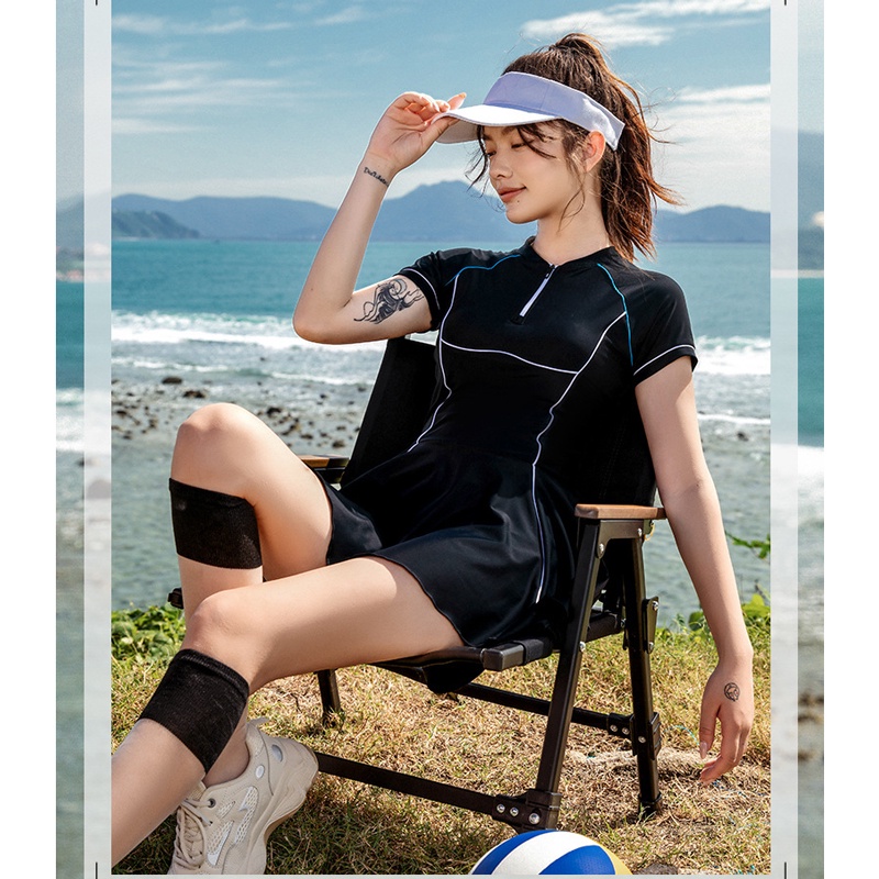 Đồ bơi nữ liền thân tay ngắn chất vải chống nắng, kiểu dáng trẻ trung năng động có size từ 44kg đến 58kg