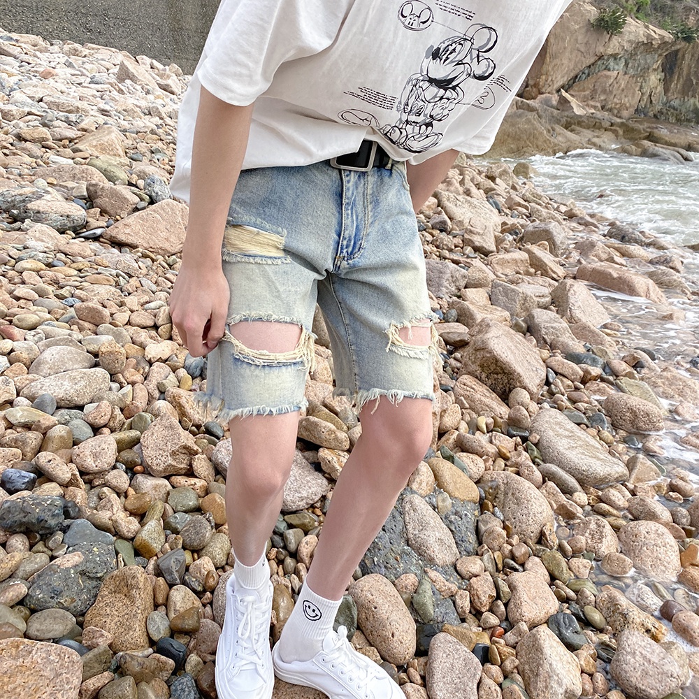 Quần Short Denim Phối Rách Thời Trang Đường Phố Mùa Hè Cho Nam