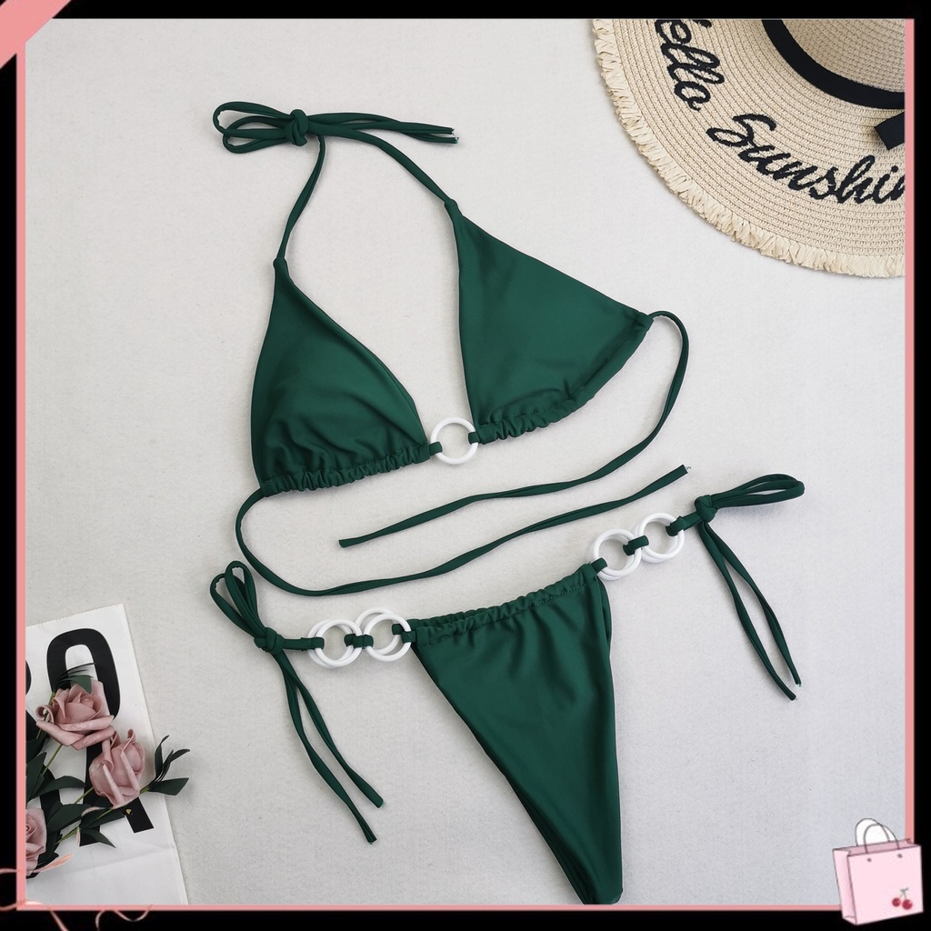 Bộ Đồ Bơi 2 Mảnh Dây Đeo Cổ Màu Trơn Quyến Rũ Dành Cho Nữ