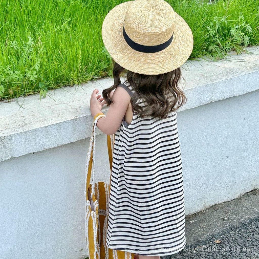 Đầm Không Tay 100% Cotton Họa Tiết Kẻ Sọc Thời Trang Mùa Hè 2023 Mới Cho Bé Gái