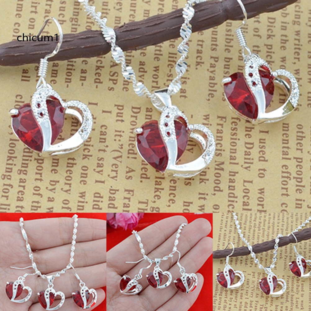 Bộ Vòng cổ + Bông Tai Mạ BạC ĐíNh Đá Đỏ ThờI Trang