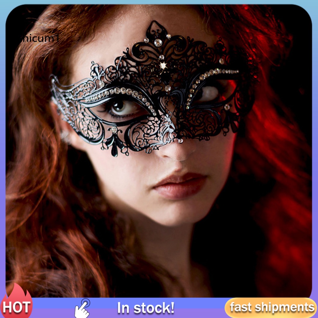 Mặt Nạ Che Nửa Mặt Bằng Kim Loại Đính Đá Lấp Lánh Màu Đen Phong Cách Cổ Điển Dùng Hóa Trang