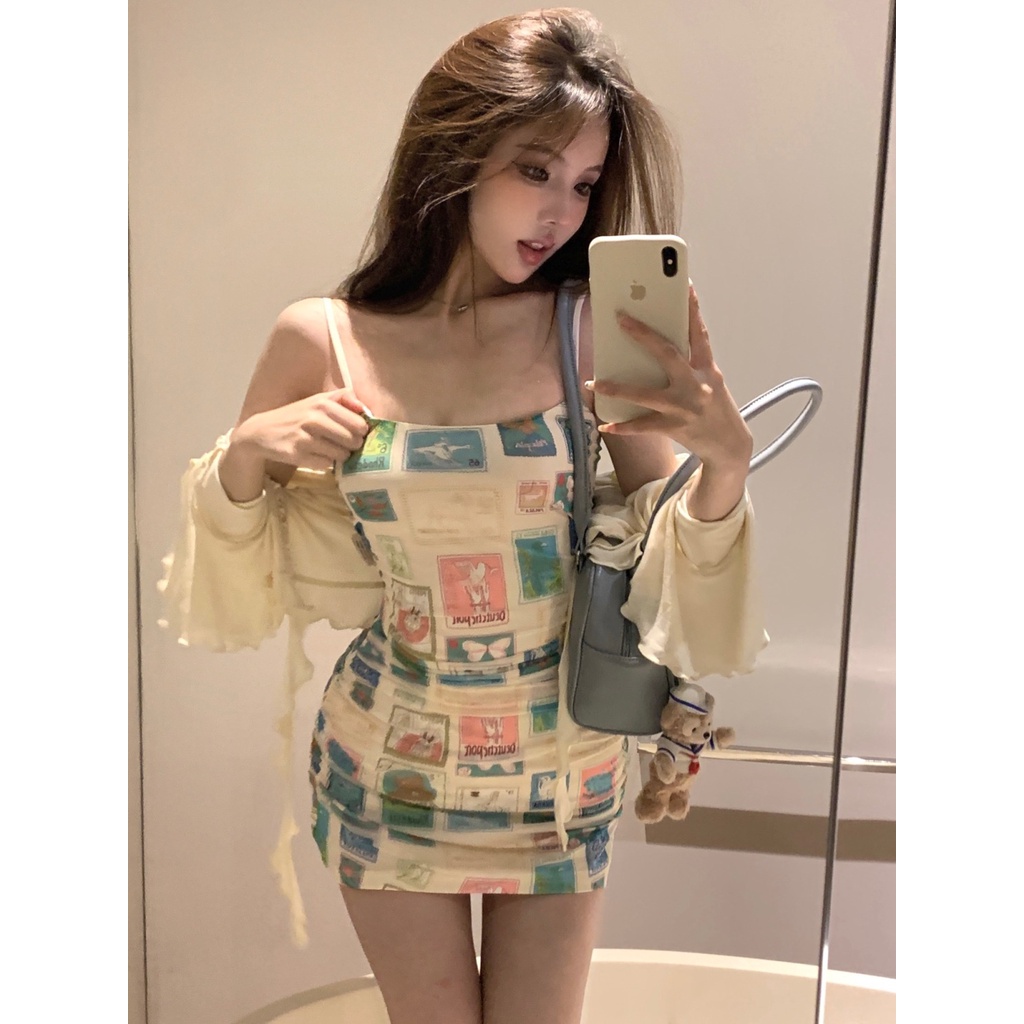 Set Áo Khoác Cardigan Chống Nắng + Chân Váy Ôm Eo Phối Họa Tiết Áp Phích Thời Trang Mùa Hè Cho Nữ