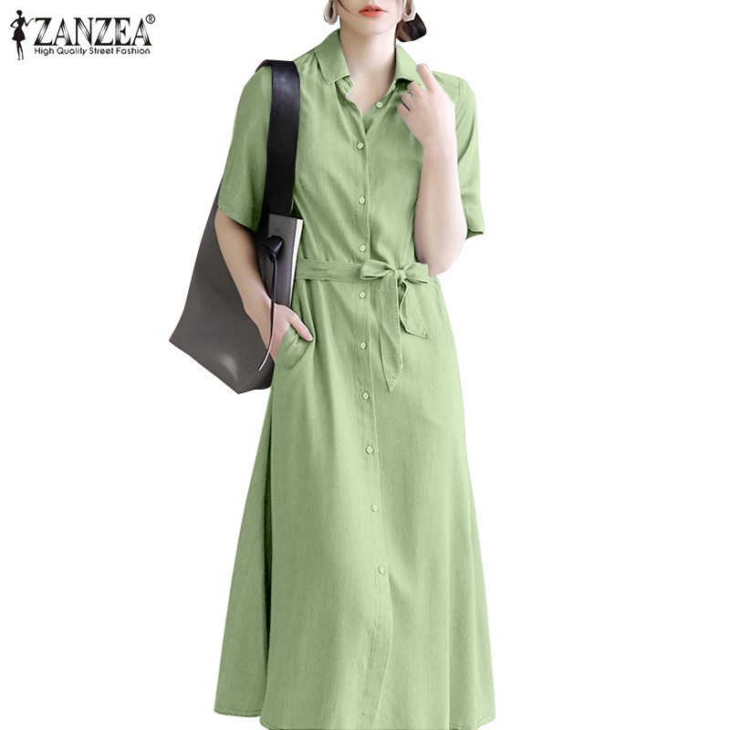 ZANZEA Đầm Denim Tay Ngắn Có Túi Thời Trang Hàn Quốc Cho Nữ