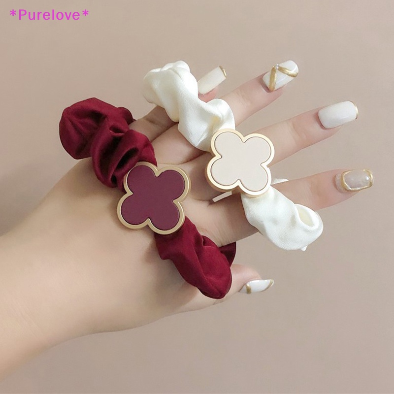 Dây Buộc Tóc Co Giãn Màu Trơn Họa Tiết Cỏ Bốn Lá Đơn Giản Cho Nữ Mới