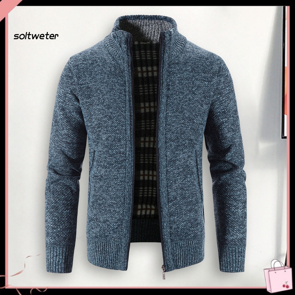 St Áo Khoác Sweater Dệt Kim Tay Dài Lót Lông Cừu Màu Trơn Viền Gân Có Khóa Kéo Thời Trang Thu Đông Cho Nam