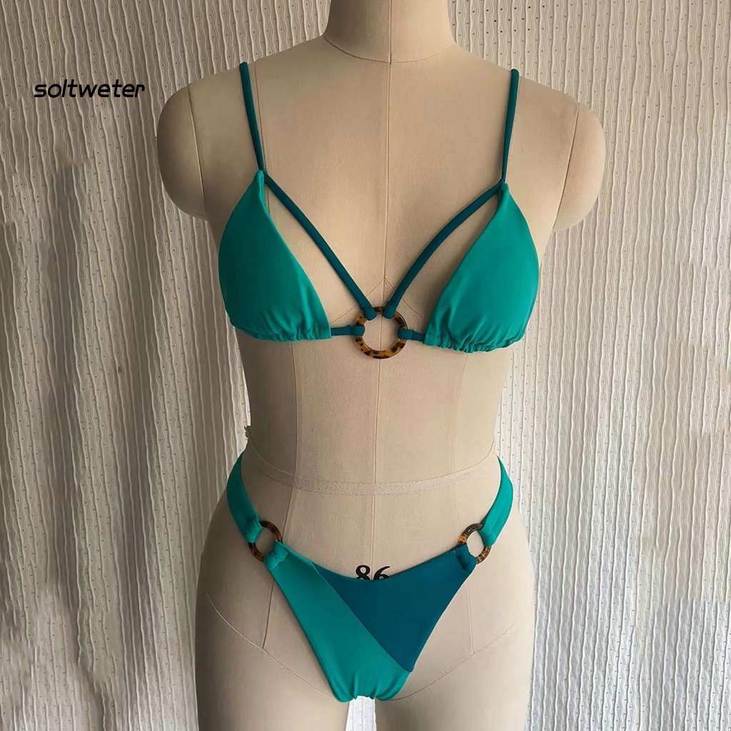 Bộ Đồ Bơi 2 Mảnh Gồm Áo Hai Dây Có Vòng Nhẫn Và Quần Tam Giác Lưng Cao Màu Sắc Quyến Rũ