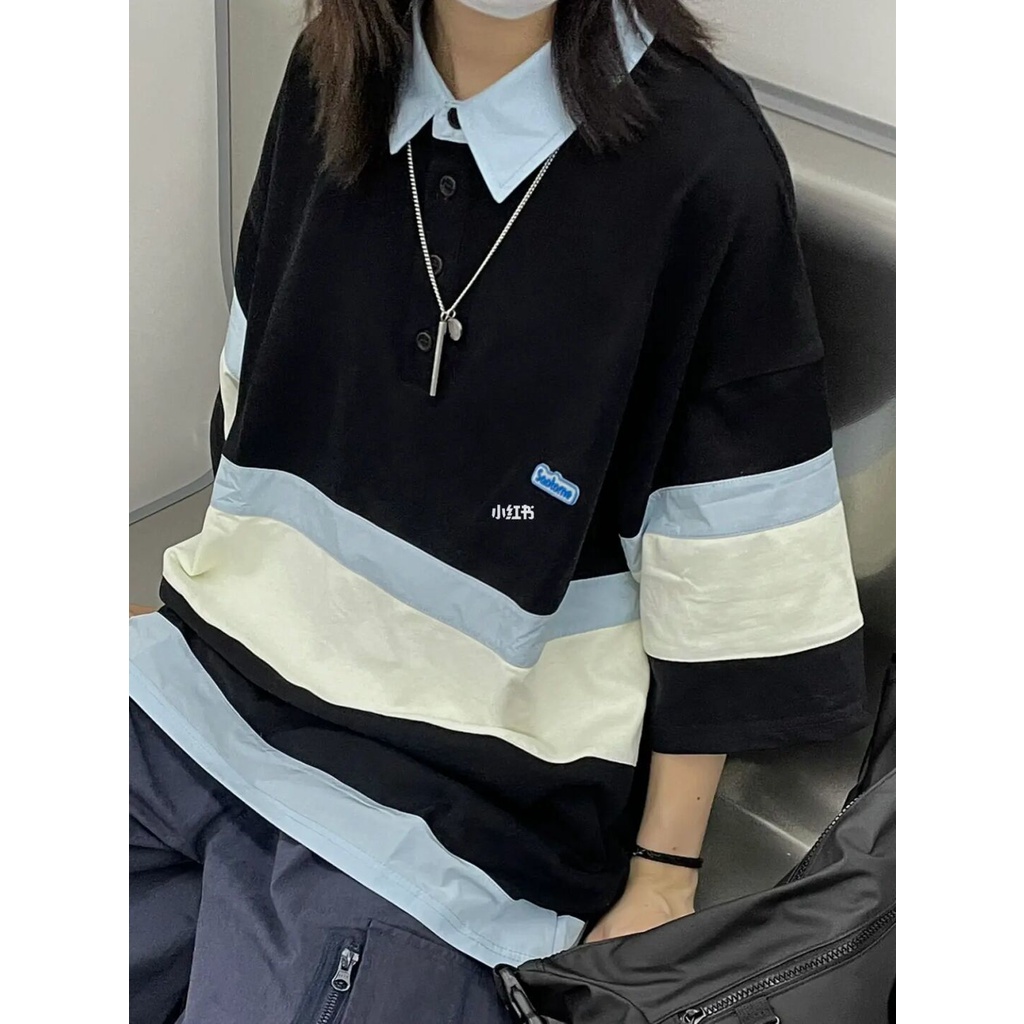 Áo polo Ngắn Tay Dáng Rộng Họa Tiết Kẻ Sọc Thời Trang Mùa Hè Cho Nữ