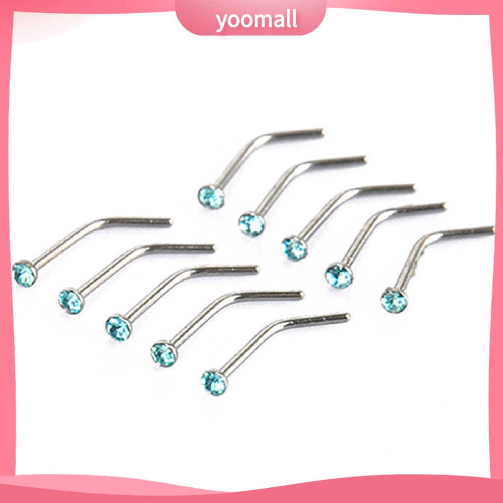 Set 10 Khuyên Mũi Thép Không Gỉ Đính Đá Nhân Tạo Thời Trang