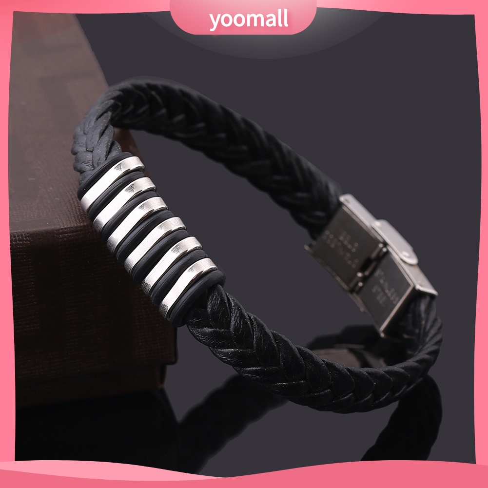 Vòng Tay Giả Da Với Mặt Thép Titan Phong Cách Punk Cho Nam