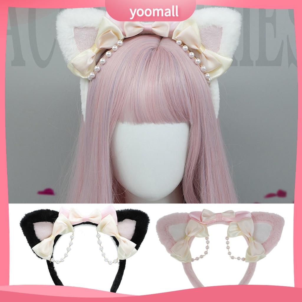 Băng Đô Tai Mèo Lông Nhung Đính Ngọc Trai Nhân Tạo Phong Cách Lolita Đáng Yêu Dành Cho Nữ