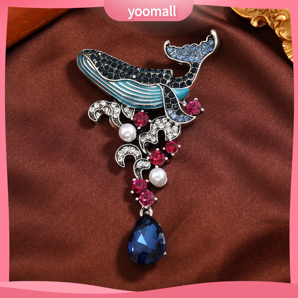 Ghim Cài Áo Hình Cá Voi Đính Đá Tráng Men Phong Cách Vintage