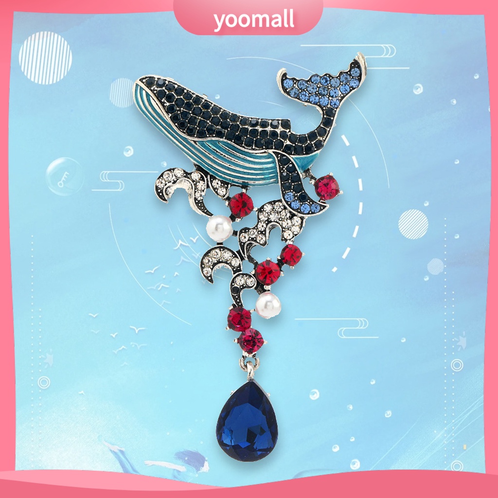 Ghim Cài Áo Hình Cá Voi Đính Đá Tráng Men Phong Cách Vintage