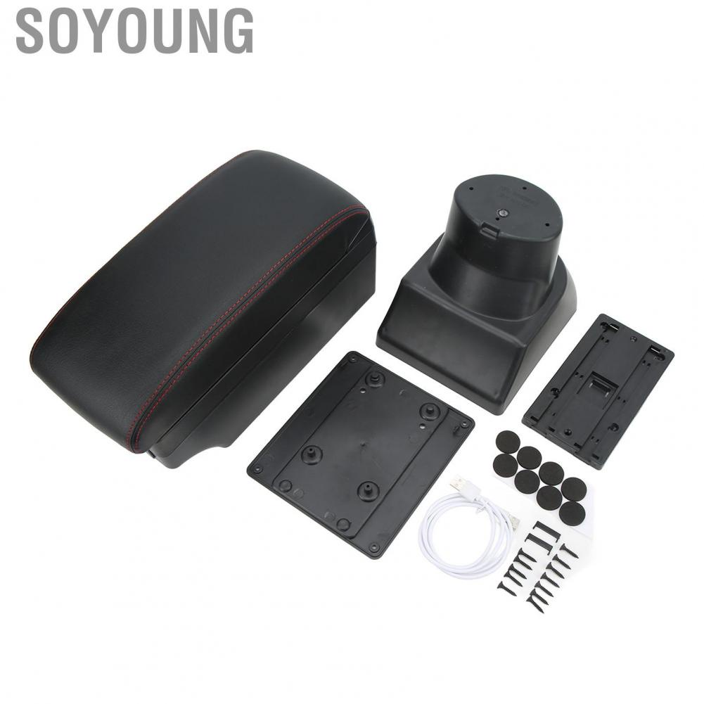 Soyoung Armrest Box Center Console Organizer 7 USB Ports Front Rear Expansion Black for Auto Interior