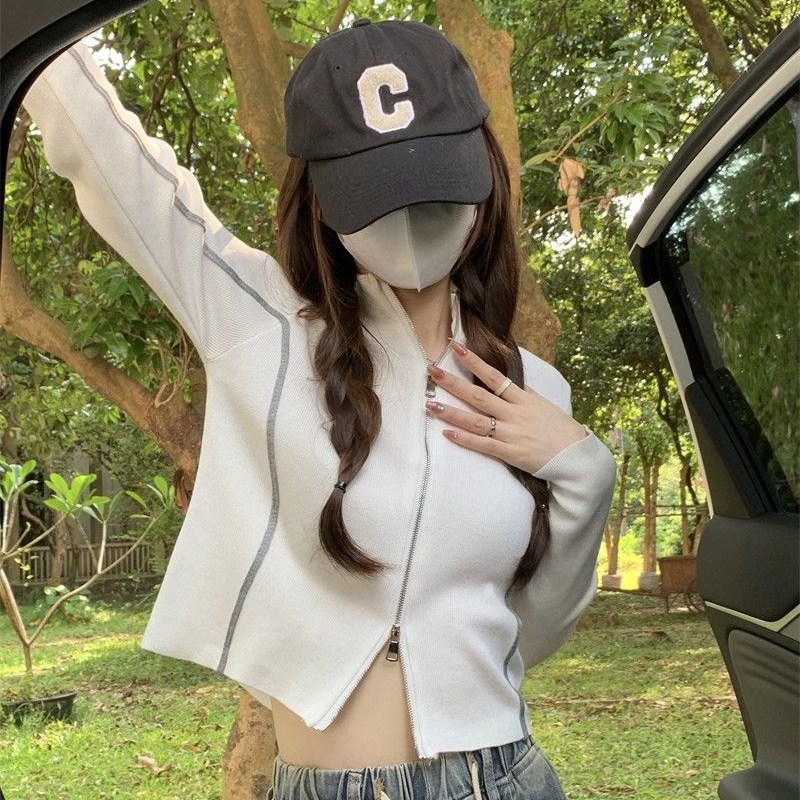 Áo Khoác Phối Khóa Kéo Đôi Màu Tương Phản Phong Cách Mỹ Cổ Điển Thời Trang Mùa Thu Cho